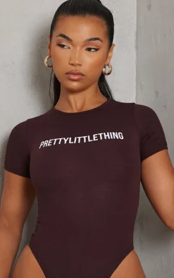 PRETTYLITTLETHING Chocolate Brown Logo Short Sleeved Bodysuit