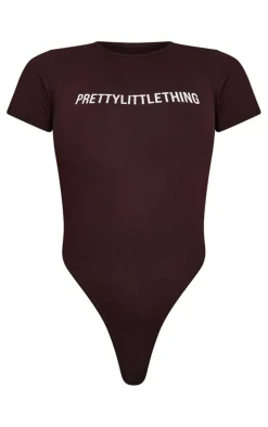PRETTYLITTLETHING Chocolate Brown Logo Short Sleeved Bodysuit