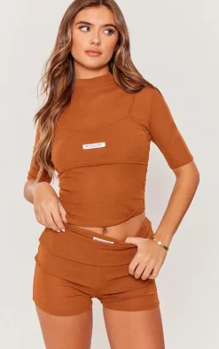 PRETTYLITTLETHING Chocolate Sheer Burnout Mesh High Neck Layered Top