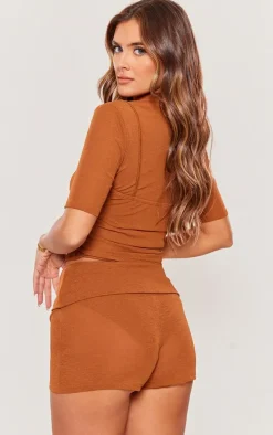 PRETTYLITTLETHING Chocolate Sheer Burnout Mesh High Neck Layered Top