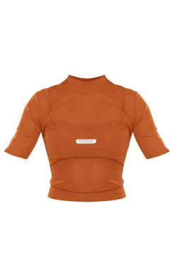 PRETTYLITTLETHING Chocolate Sheer Burnout Mesh High Neck Layered Top