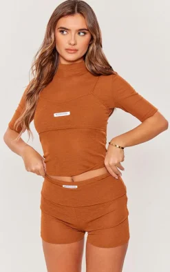 PRETTYLITTLETHING Chocolate Sheer Burnout Mesh Hot Pant Shorts