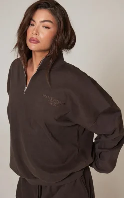 PRETTYLITTLETHING Chocolate Premium Print Half Zip Sweatshirt