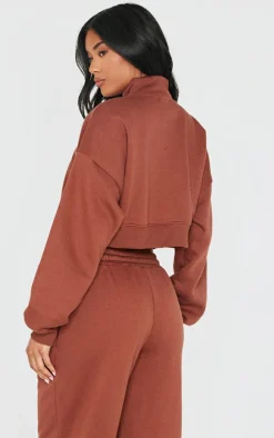 PRETTYLITTLETHING Chocolate Tonal Embroidered Cropped Half Zip Sweatshirt