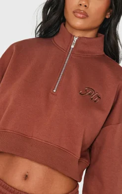 PRETTYLITTLETHING Chocolate Tonal Embroidered Cropped Half Zip Sweatshirt
