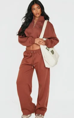 PRETTYLITTLETHING Chocolate Tonal Embroidered Wide Leg Sweatpants