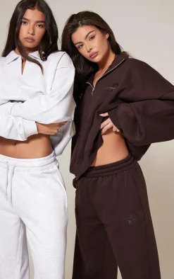 PRETTYLITTLETHING Chocolate Wide Leg Embroidered Sweatpants