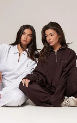 PRETTYLITTLETHING Chocolate Half Zip Embroidered Sweatshirt