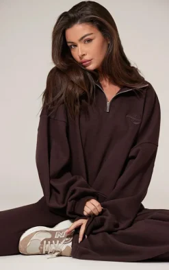 PRETTYLITTLETHING Chocolate Half Zip Embroidered Sweatshirt