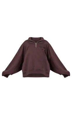 PRETTYLITTLETHING Chocolate Half Zip Embroidered Sweatshirt