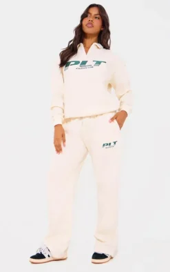 PRETTYLITTLETHING Cream Athletics Club Embroidered Wide Leg Sweatpants