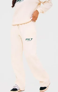 PRETTYLITTLETHING Cream Athletics Club Embroidered Wide Leg Sweatpants
