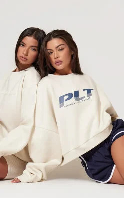 PRETTYLITTLETHING Cream Athletics Club Embossed Oversized Boxy Sweatshirt