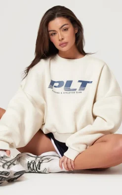 PRETTYLITTLETHING Cream Athletics Club Embossed Oversized Boxy Sweatshirt