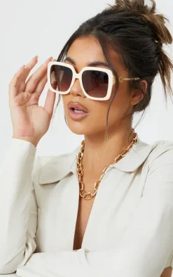 PRETTYLITTLETHING Cream Branded Oversized Square Sunglasses