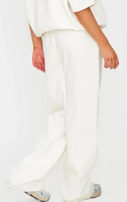 PRETTYLITTLETHING Cream Badge Detail Mid Rise Wide Leg Sweatpants