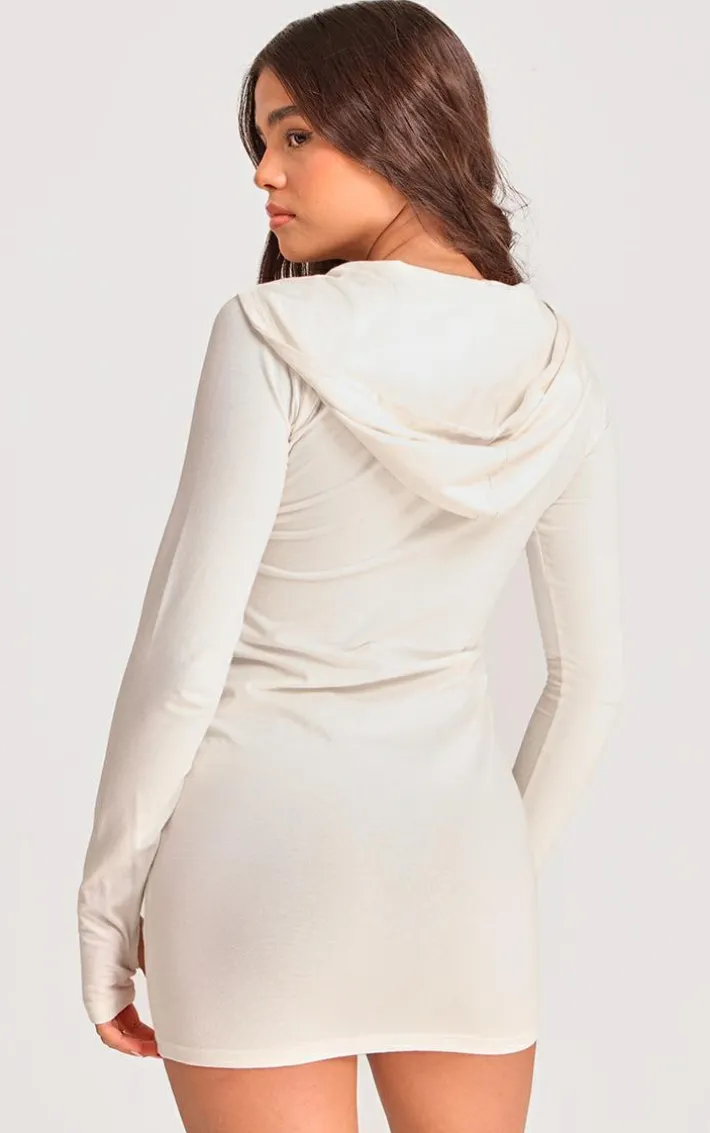 PRETTYLITTLETHING Cream Cotton Contrast Zip Hooded Bodycon Dress