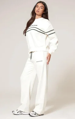 PRETTYLITTLETHING Cream Contrast Print Wide Leg Sweatpants