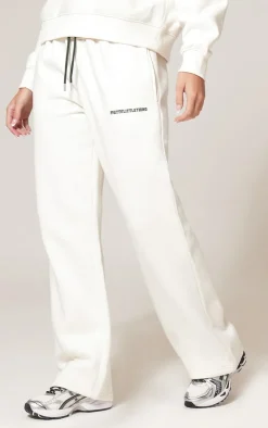 PRETTYLITTLETHING Cream Contrast Print Wide Leg Sweatpants