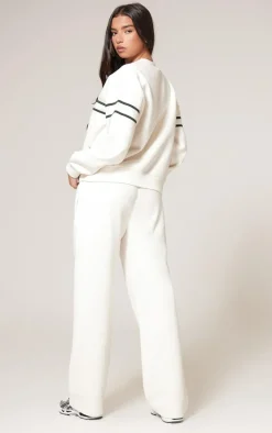 PRETTYLITTLETHING Cream Contrast Print Wide Leg Sweatpants