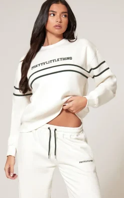 PRETTYLITTLETHING Cream Contrast Print Oversized Sweatshirt