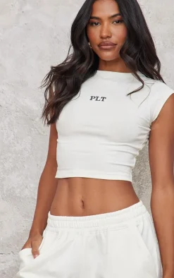 PRETTYLITTLETHING Cream Contrast Fitted Embroidery Cap Sleeve T Shirt