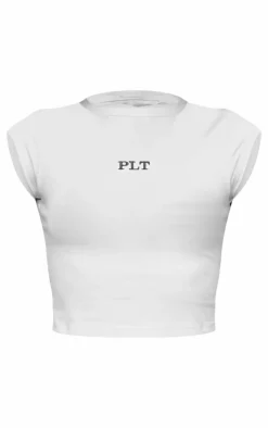 PRETTYLITTLETHING Cream Contrast Fitted Embroidery Cap Sleeve T Shirt