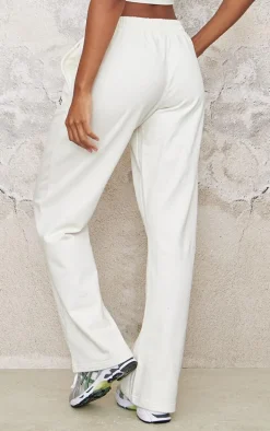 PRETTYLITTLETHING Cream Contrast Embroidery Wide Leg Low Rise Sweatpants