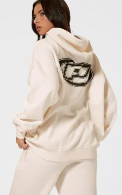 PRETTYLITTLETHING Cream Contrast Logo Badge Oversized Zip Through Hoodie