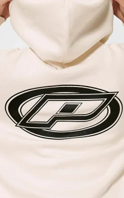 PRETTYLITTLETHING Cream Contrast Logo Badge Oversized Zip Through Hoodie