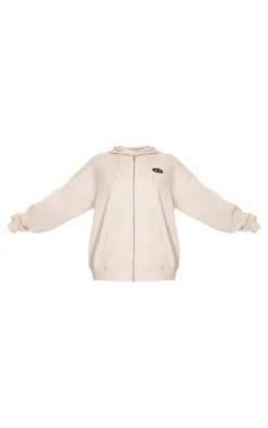 PRETTYLITTLETHING Cream Contrast Logo Badge Oversized Zip Through Hoodie