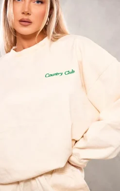 PRETTYLITTLETHING Cream Embroidered Country Club Washed Sweatshirt