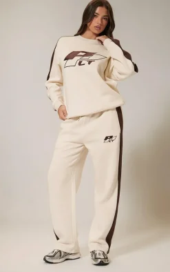 PRETTYLITTLETHING Cream Embroidered Contrast Panel Straight Leg Sweatpants