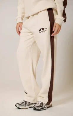 PRETTYLITTLETHING Cream Embroidered Contrast Panel Straight Leg Sweatpants