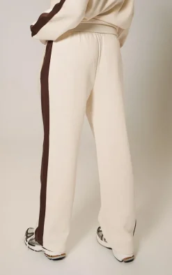 PRETTYLITTLETHING Cream Embroidered Contrast Panel Straight Leg Sweatpants