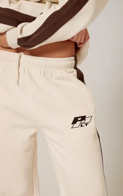 PRETTYLITTLETHING Cream Embroidered Contrast Panel Straight Leg Sweatpants