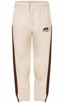 PRETTYLITTLETHING Cream Embroidered Contrast Panel Straight Leg Sweatpants