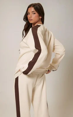 PRETTYLITTLETHING Cream Embroidered Contrast Panel Oversized Sweatshirt