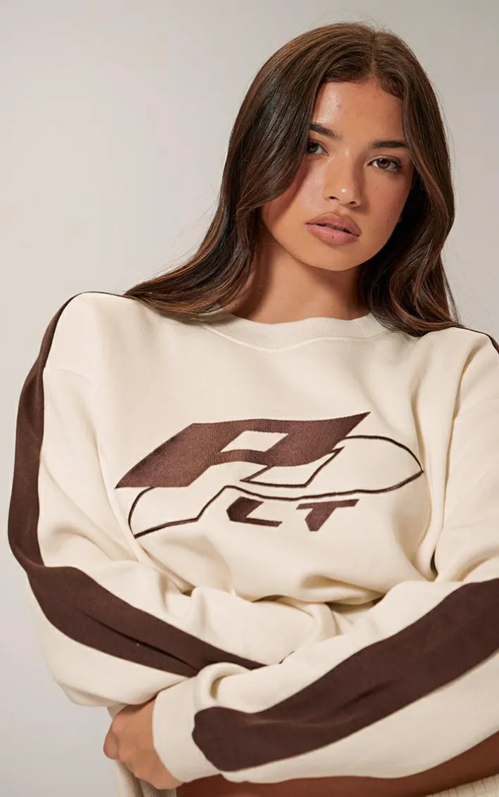 PRETTYLITTLETHING Cream Embroidered Contrast Panel Oversized Sweatshirt
