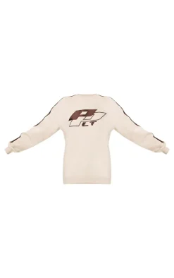 PRETTYLITTLETHING Cream Embroidered Contrast Panel Oversized Sweatshirt