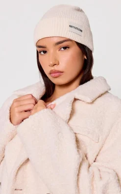 PRETTYLITTLETHING Cream Logo Rib Beanie