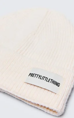 PRETTYLITTLETHING Cream Logo Rib Beanie