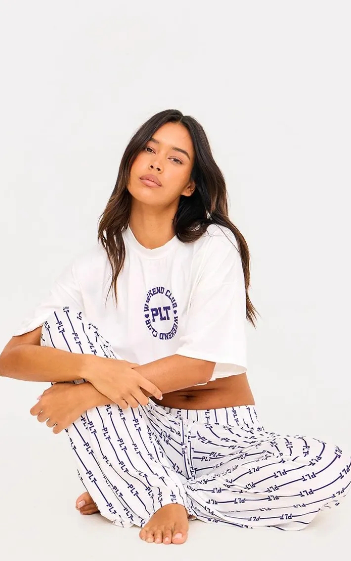 PRETTYLITTLETHING Cream Weekend Club Long PJ Set