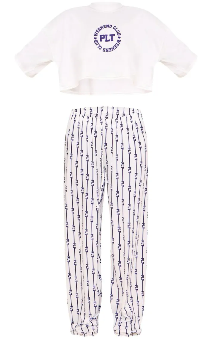 PRETTYLITTLETHING Cream Weekend Club Long PJ Set