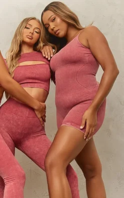 PRETTYLITTLETHING Dark Red Plus Acid Wash Seamless Gym Unitard