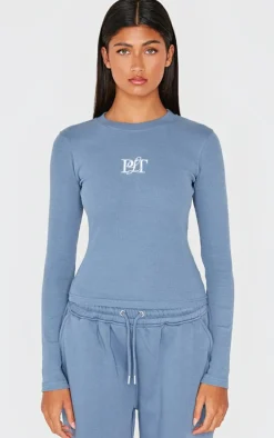 PRETTYLITTLETHING Dusty Blue Ribbed Embroidered Long Sleeve T Shirt