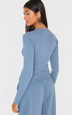 PRETTYLITTLETHING Dusty Blue Ribbed Embroidered Long Sleeve T Shirt