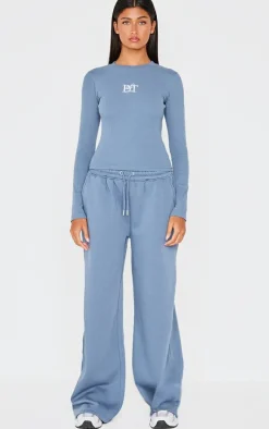 PRETTYLITTLETHING Dusty Blue Ribbed Embroidered Long Sleeve T Shirt