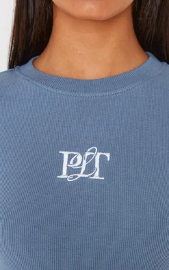 PRETTYLITTLETHING Dusty Blue Ribbed Embroidered Long Sleeve T Shirt