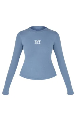 PRETTYLITTLETHING Dusty Blue Ribbed Embroidered Long Sleeve T Shirt